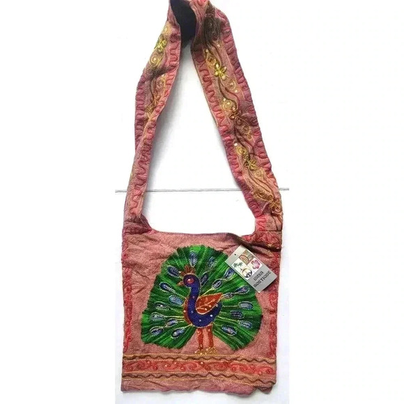 India Boutique Peacock Tote Handbag Crossbody Cloth Shoulder Multicolor Boho - Picture 1 of 8
